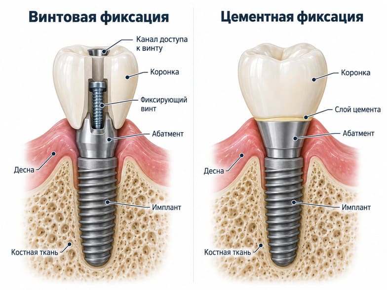 Винтовая и цементная фиксация коронки на импланте