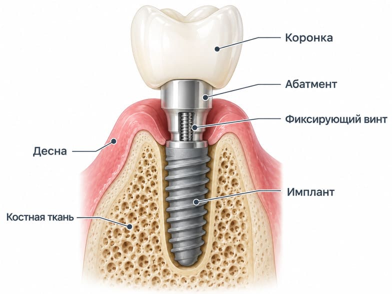 Строение коронки на импланте: коронка, абатмент, винт и имплант